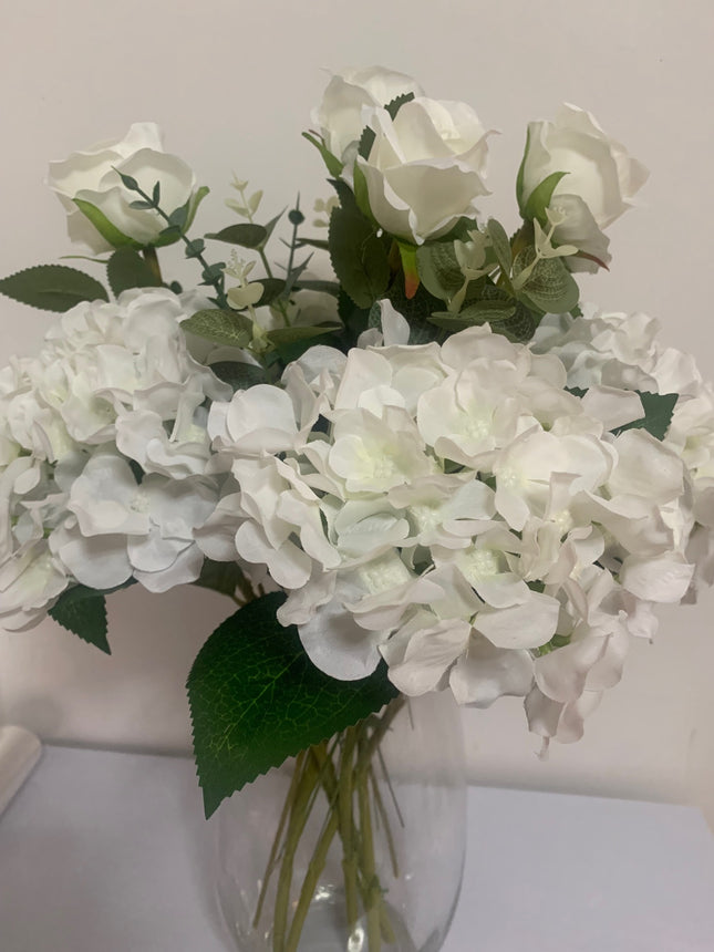 Fake Silk White Hydrangea with Roses  Eucalyptus Leaves bundle
